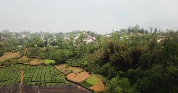丘の霧の谷の上に田舎町の空中ショット 東南アジア — ストック動画