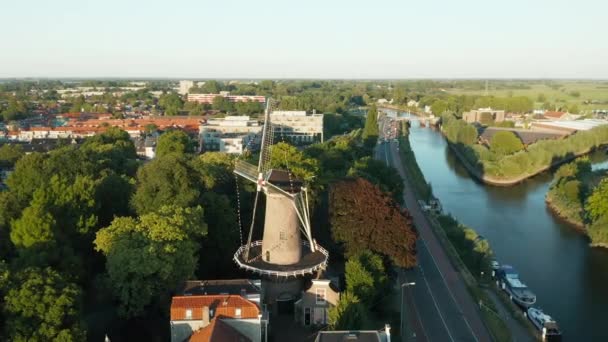 Aerial Drone View Hollandsche Ijssel River Slot Mill Gouda Netherlands — 비디오
