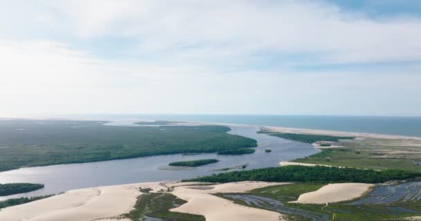 Aerial View Preguias River Ocean Maranhenses Brazil Ascending Drone Shot — Stock Video