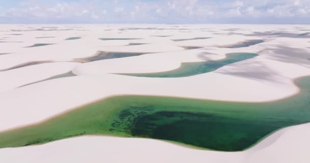 Aerial Flying Backwards Dunes Lagoons Lencois Maranhenses Brazil — Stock Video