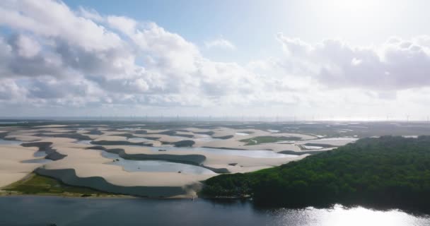 Aerial Dolly Left Coastal Landscape Lencois Maranhenses Brazil — Stock Video