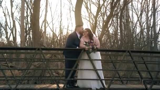 Újdonsült Menyasszony Vőlegény Egy Hídon Csupasz Téli Erdőben Egy Esküvői — Stock videók