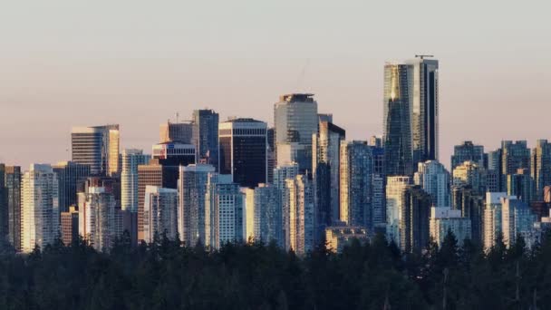 Skyline Vancover Durante Atardecer Tiro Aéreo Con Drones — Vídeos de Stock