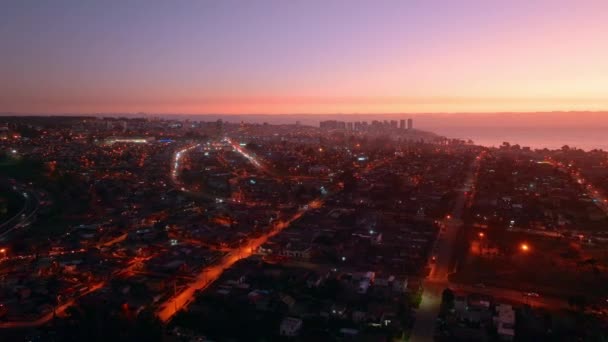 Aerial Parallax Concon Neighborhood Buildings Illuminated Night Sea Shore Colorful — Stock Video