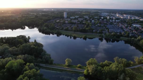 Gyönyörű Naplementekor Olper See Braunschweig Alsó Szászország Széles Drón Pásztázás — Stock videók