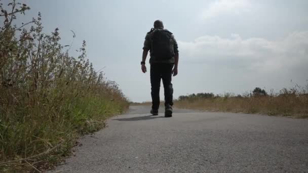 Hombre Calvo Usando Mochila Caminando Largo Del Paseo Del Príncipe — Vídeos de Stock