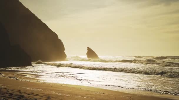 Praia Adraga Beach Portugal Lisbon Lisboa Beautiful Orange Sunrise Waves — Stockvideo