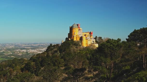 Aerial Drone View Pena Palace Sintra Lisbon Portugal Beautiful Forest — Stock Video