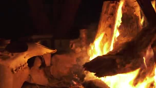 Campo Fuoco Che Brucia Nella Notte Oscura Inquietante Con Teschio — Video Stock