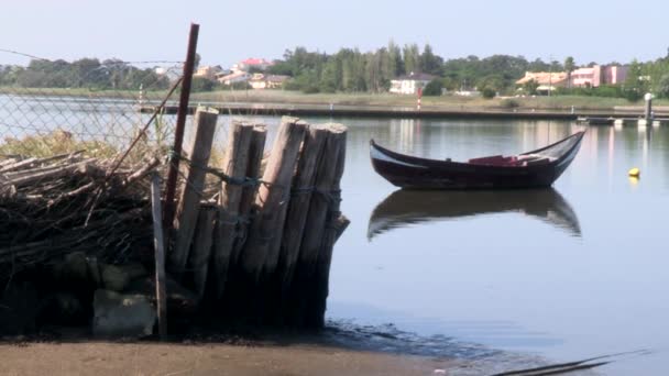Barco Atracado Rio Com Estacas Madeira Segurando Uma Das Margens — Vídeo de Stock