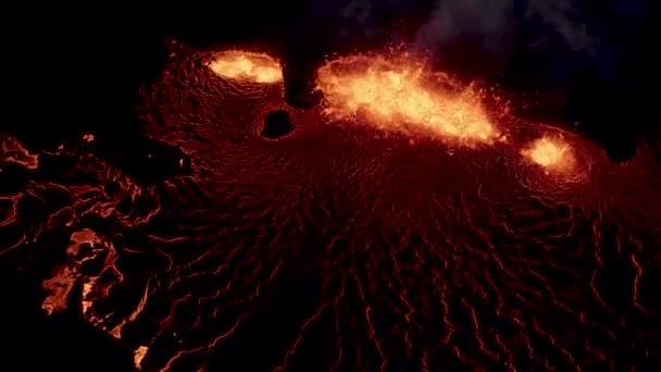 Aerial View Volcano Eruption Night Blazing Crater Flowing Lava Iceland — 图库视频影像