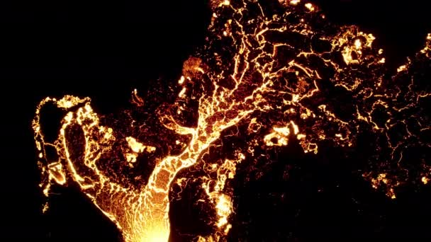 Вниз Воздуху Ночной Вид Вулканической Лавы Течет После Извержения Вулкана — стоковое видео
