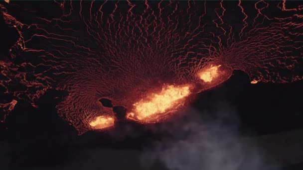 Volcanic Eruption Night Top Aerial View Blazing Craters Flows Lava — Stock Video