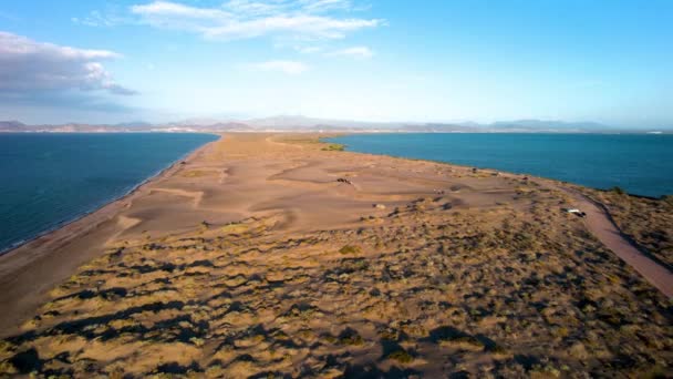 Orbital Drone Shot Dirt Road Leads Sandboarding Area Dunes Mogote — Video