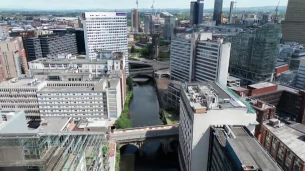Aerial Drone Flight River Irwell Manchester City Centre Che Mostra — Video Stock