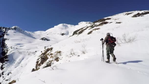 Ein Natur Und Naturfotograf Mit Schneeschuhen Den Schneebedeckten Bergen Von — Stockvideo
