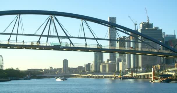 Peatones Cruzando Puente Buena Voluntad Sobre Río Brisbane Australia Amplio — Vídeos de Stock