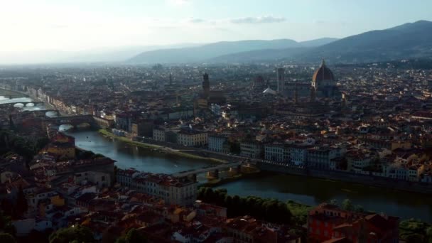 View Historic City Florence Bank Arno River Sunny Morning Tuscany — Stock Video