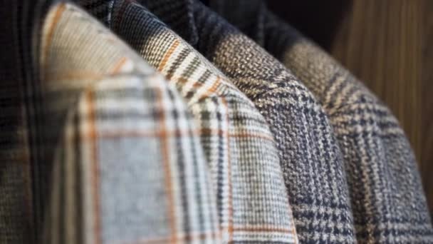 Patterned Tailored Tweed Jackets Hanging Wooden Wardrobe Close — Stock Video
