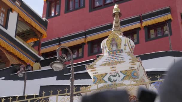 Tibetan Buddhist Stupa Grounds Thiksey Monastery Ladakh India Low Angle — Stock Video