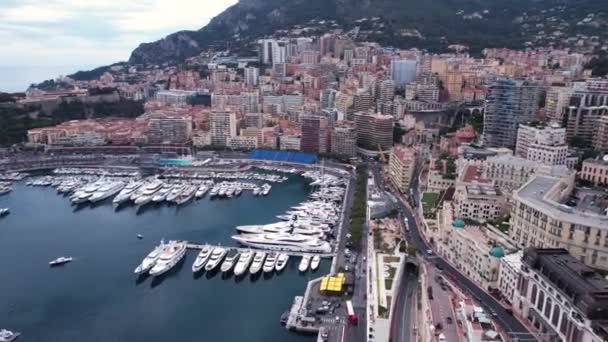 Monte Carlo Monaco Aerial View Harbor Boats Ships Waterfront Buildings — Stock Video