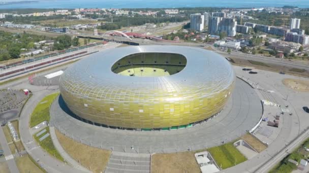 Forward Drone Shot Reveals Football Pitch Polsat Arena Gdansk Stadium — Stock Video