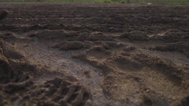 Rolnik Gumowych Butach Przechodzący Przez Błotnistą Drogę Śladami Opon Zbliżenie — Wideo stockowe