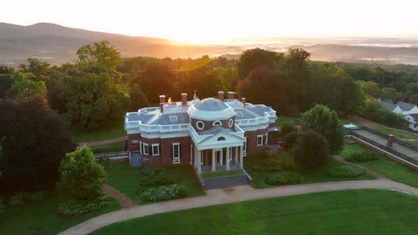 Monticello Casa Presidente Thomas Jefferson Órbita Aérea Nascer Sol Bela — Vídeo de Stock