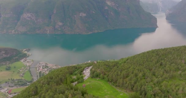 Aurlandsfjord Aurland Comune Stegastein Punto Vista Norvegia Aerea — Video Stock