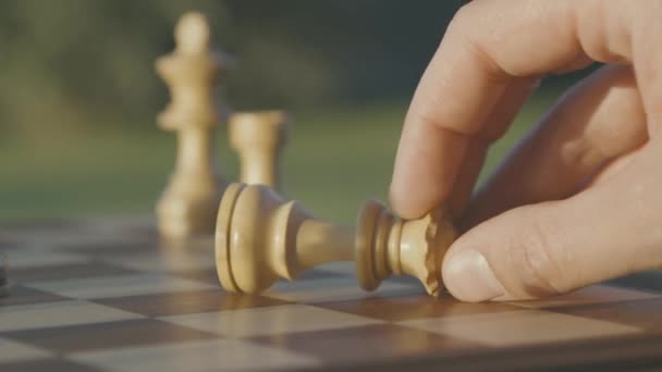 Ένα Χέρι Παίρνει Λευκή Βασίλισσα Και Ρίχνει Παιχνίδι Σκάκι Εξωτερική — Αρχείο Βίντεο