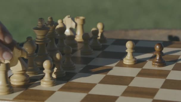 Schach Weißer Ritter Zieht Nach Schachbrett Späten Nachmittag Die Sonne — Stockvideo