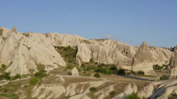 Drönare Flyger Över Gröna Åkrar Jordbruksmark Dal Mellan Klippformationer Cappadocia — Stockvideo