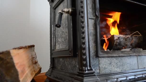 在寒冷的冬日里 在一个燃烧着木柴的火堆的壁炉里 一个滑翔机的原木着火了 — 图库视频影像