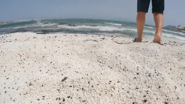 Man Walking Barefeet Sea Shore White Pebble Beach Fuerteventura Canary — Αρχείο Βίντεο