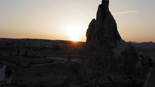 Flying Drone Fairy Chimney Rock Formation Beautiful Golden Sunset Mountain — Stock Video