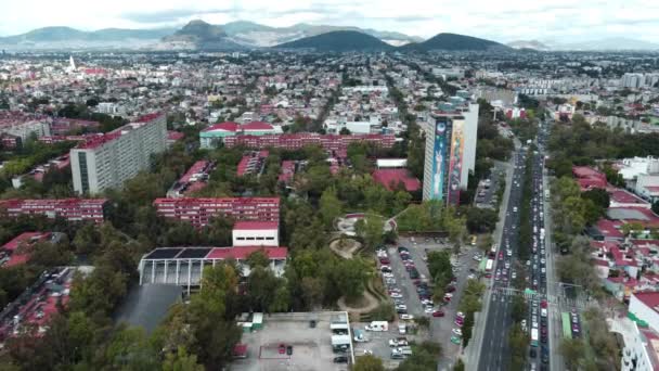 Flygfoto Nice Panorama Skott Tlatelolco Område Berg Bakgrunden Mexico City — Stockvideo