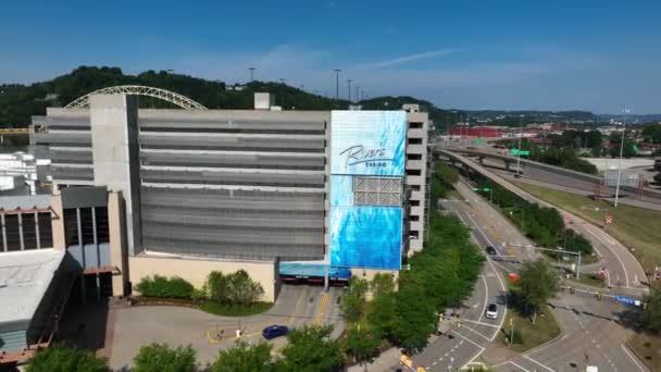 Rivers Casino Pittsburgh Aerial Shot Logo Sign Luxury Venue — Stock Video