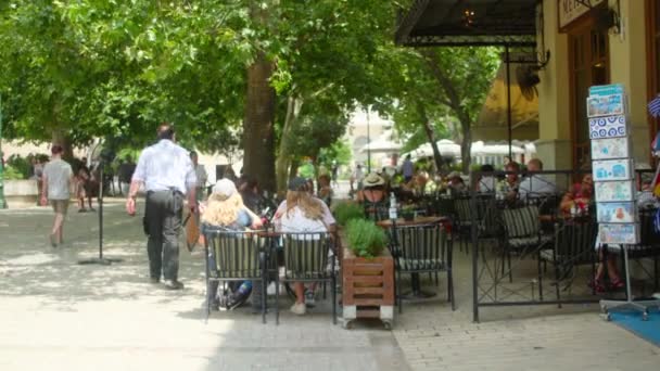 여름에 그리스 아테네의한 밖에서 식사를 즐기는 사람들이 있었습니다 나무의 — 비디오