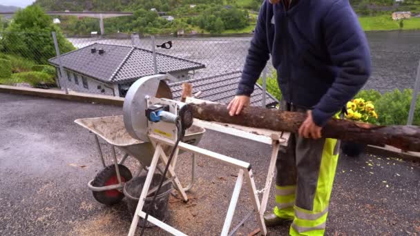 Mężczyzna Europejski Pomocą Piły Elektrycznej Cięcia Drewna Opałowego Celu Przygotowania — Wideo stockowe