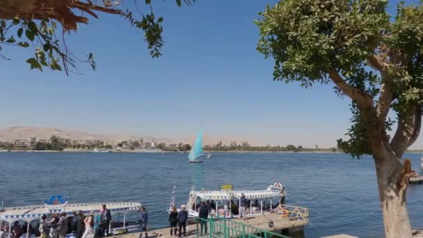 Pohled Turisty Molu Ozdobnými Výletní Čluny Břehu Řeky Nilu Luxor — Stock video