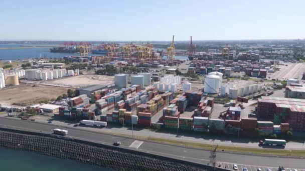 Moderne Industriële Haven Met Containers Kranen Vrachtwagens Bovenaanzicht Druk Met — Stockvideo