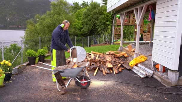 Männlicher Europäischer Mann Sägt Mit Der Motorsäge Holz Und Bereitet — Stockvideo