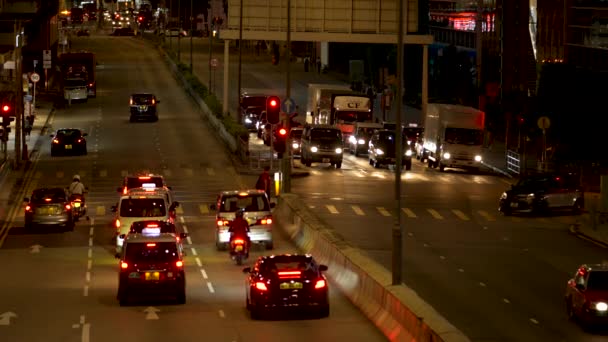 Travlt Kryds Vej Natten Hon Kong City Trafik Der Flyder – Stock-video
