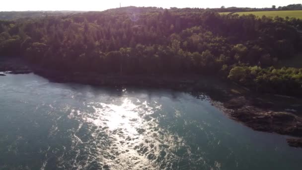 Letecký Pohled Nad Zpěněnou Šumivou Západem Slunce Tekoucí Podél Lesní — Stock video