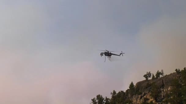 Air Crane Copter Flying Woods Hills Dropping Water Burning Nature — Stock Video