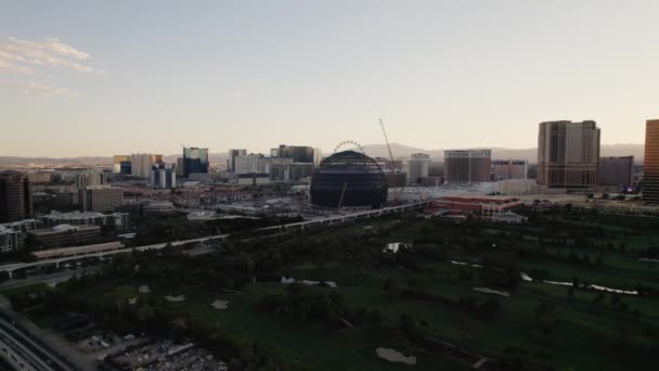 Aerial Drone Footage Orbiting Las Vegas Strip East Sunset 2022 — Stock Video