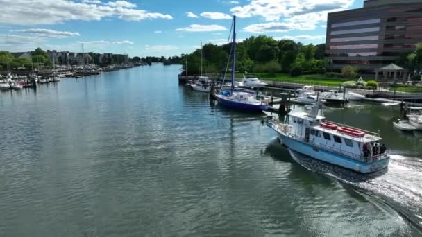 Marina Vista Bahía Stamford Gente Barco Cazador Peces Vista Aérea — Vídeo de stock