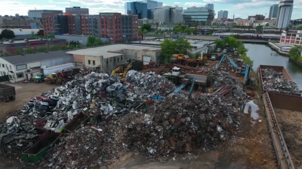 Metal Scrap Junkyard Recycling Center Cars Aerial Stamford — Stock Video