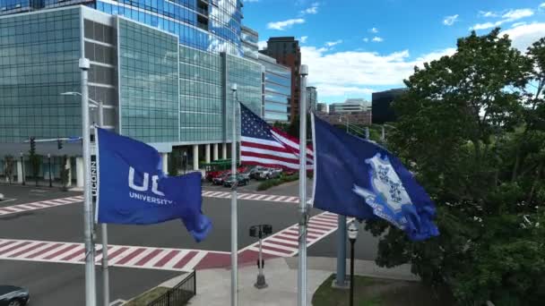 Connecticut Üniversitesi Bayrağı Uconn Abd Teması Stamford Kampüsünde Yükselen Hava — Stok video