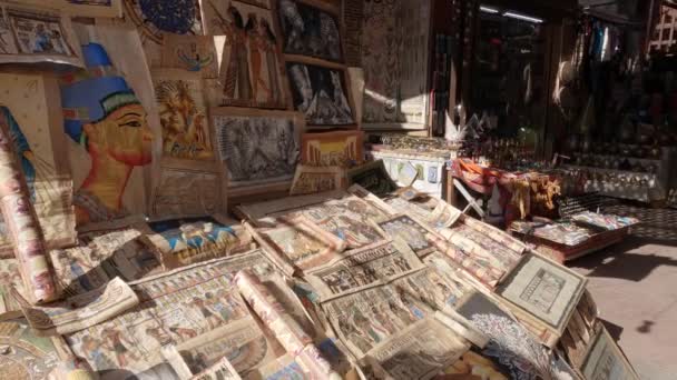 Puesto Mercado Venta Papiro Egipcio Obra Arte Luxor Pan Lento — Vídeos de Stock